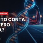 Genetica sportiva: doppia elica di DNA luminosa che si fonde con un muscolo su una pista di atletica, titolo Quanto conta davvero il DNA?
