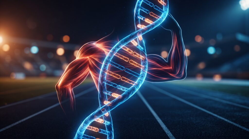 Doppia elica di DNA luminosa che si fonde con un muscolo in tensione, simbolo della genetica sportiva e della prestazione atletica