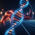 Doppia elica di DNA luminosa che si fonde con un muscolo in tensione, simbolo della genetica sportiva e della prestazione atletica