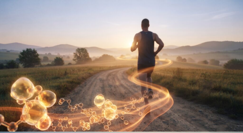 Maratoneta che corre all'alba con gocce dorate di energia, simbolo dell'ossidazione dei grassi durante lo sport