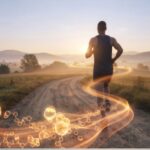 Maratoneta che corre all'alba con gocce dorate di energia, simbolo dell'ossidazione dei grassi durante lo sport