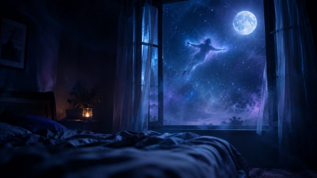 Figura che plana fuori da una finestra in un cielo notturno, simbolo dei sogni lucidi e dei falsi risvegli