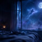 Figura che plana fuori da una finestra in un cielo notturno, simbolo dei sogni lucidi e dei falsi risvegli
