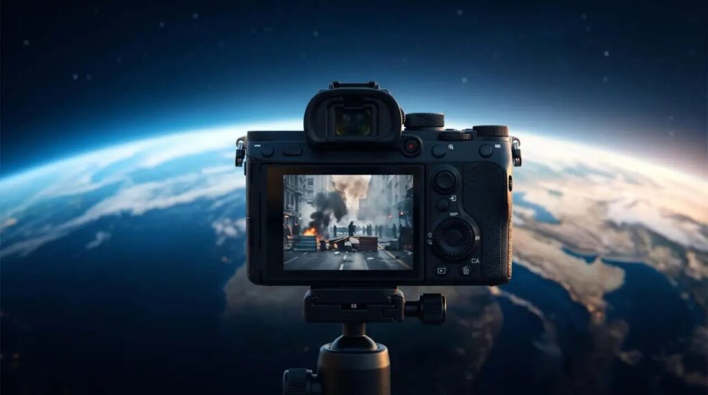 Fotocamera che inquadra una scena di conflitto, con la Terra vista dallo spazio sullo sfondo, simbolo dello zoom out