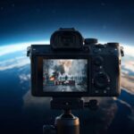 Fotocamera che inquadra una scena di conflitto, con la Terra vista dallo spazio sullo sfondo, simbolo dello zoom out